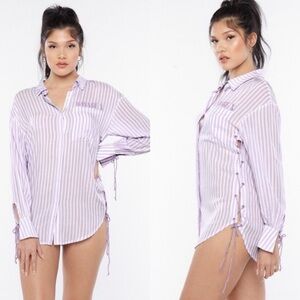 Savage X Fenty Coastal Stripe Woven Voile Sleep Long-Sleeve Shirt NWT M